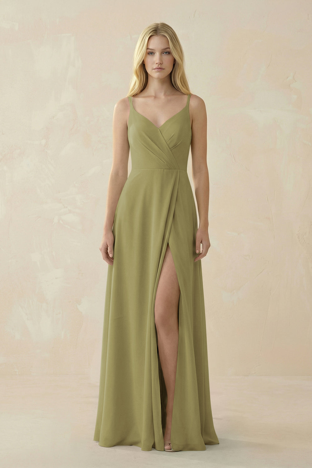 V-Neck Ruched Chiffon Bridesmaid Dress with Slit in Moss Green