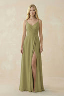 Moss Green V-Neck Ruched Chiffon Bridesmaid Dress with Slit | KISSBRIDAL