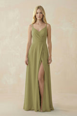 Moss Green V-Neck Ruched Chiffon Bridesmaid Dress with Slit | KISSBRIDAL
