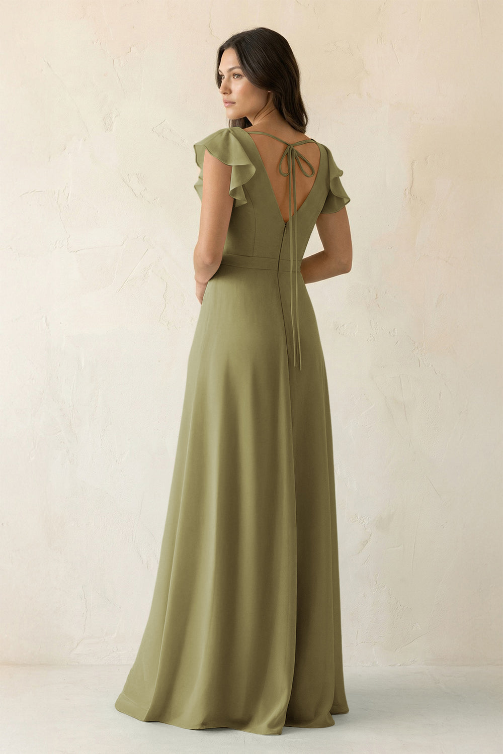 V-Neck Ruffled A-Line Chiffon Bridesmaid Dress in Moss Green