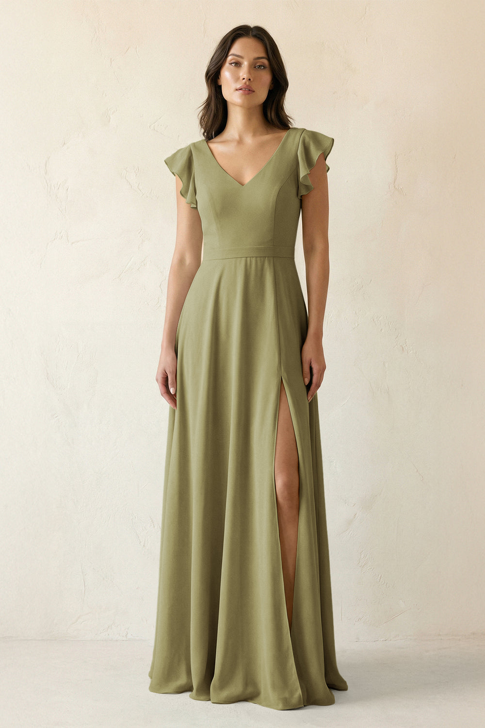 V-Neck Ruffled A-Line Chiffon Bridesmaid Dress in Moss Green