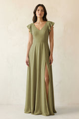 Moss Green V-Neck Ruffled A-Line Chiffon Bridesmaid Dress | KISSBRIDAL