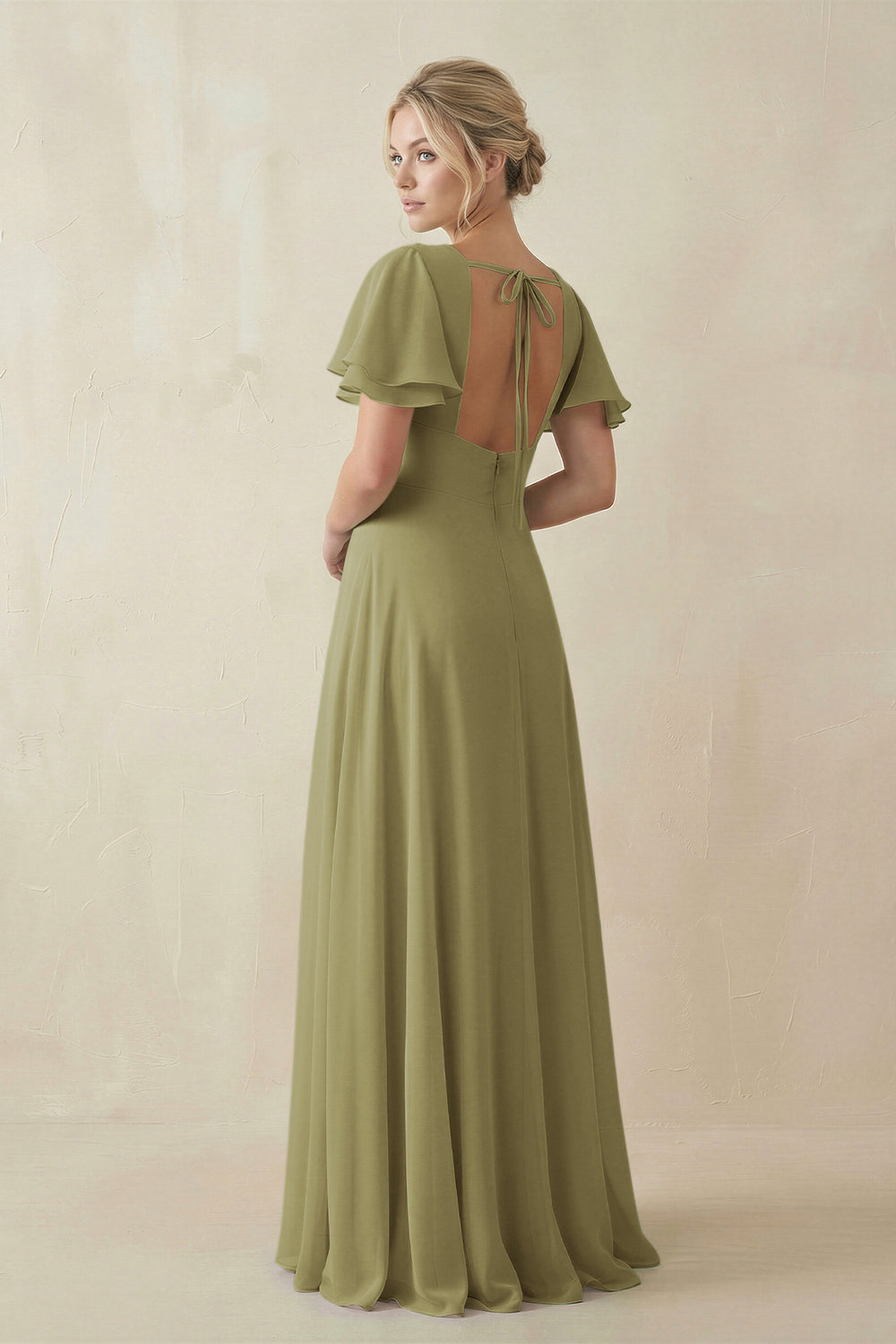 V-Neck Ruffled Short Sleeves A-Line Bridesmaid Dress in Moss Green