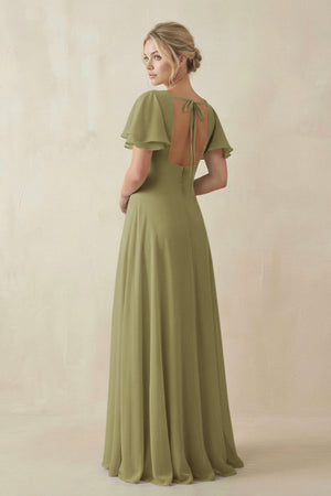 Moss Green V-Neck Ruffled Short Sleeves A-Line Bridesmaid Dress (2) | KISSBRIDAL