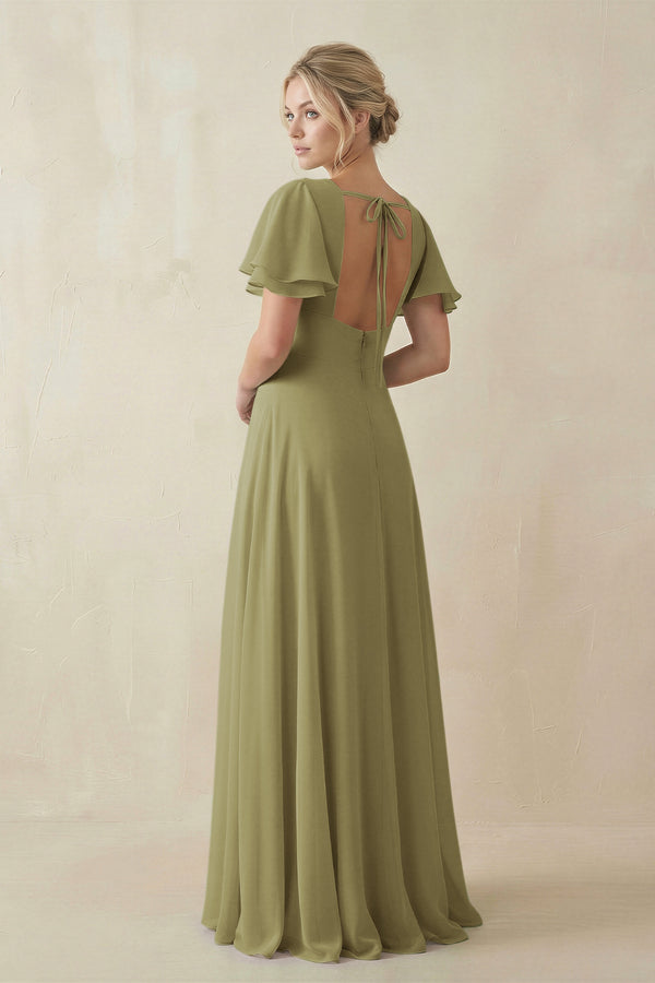 Moss Green V-Neck Ruffled Short Sleeves A-Line Bridesmaid Dress (2) | KISSBRIDAL