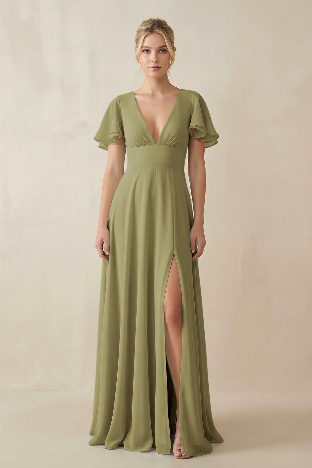V-Neck Ruffled Short Sleeves A-Line Bridesmaid Dress in Moss Green