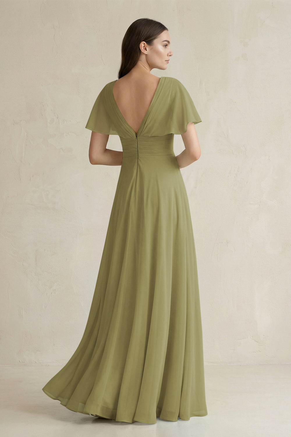 V-Neck Ruffled Sleeve A-Line Chiffon Bridesmaid Dress in Moss Green
