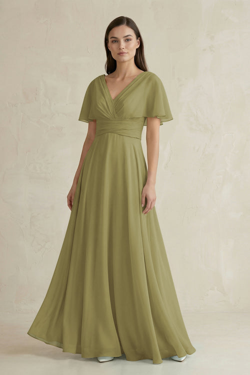 Moss Green V-Neck Ruffled Sleeve A-Line Chiffon Bridesmaid Dress | KISSBRIDAL