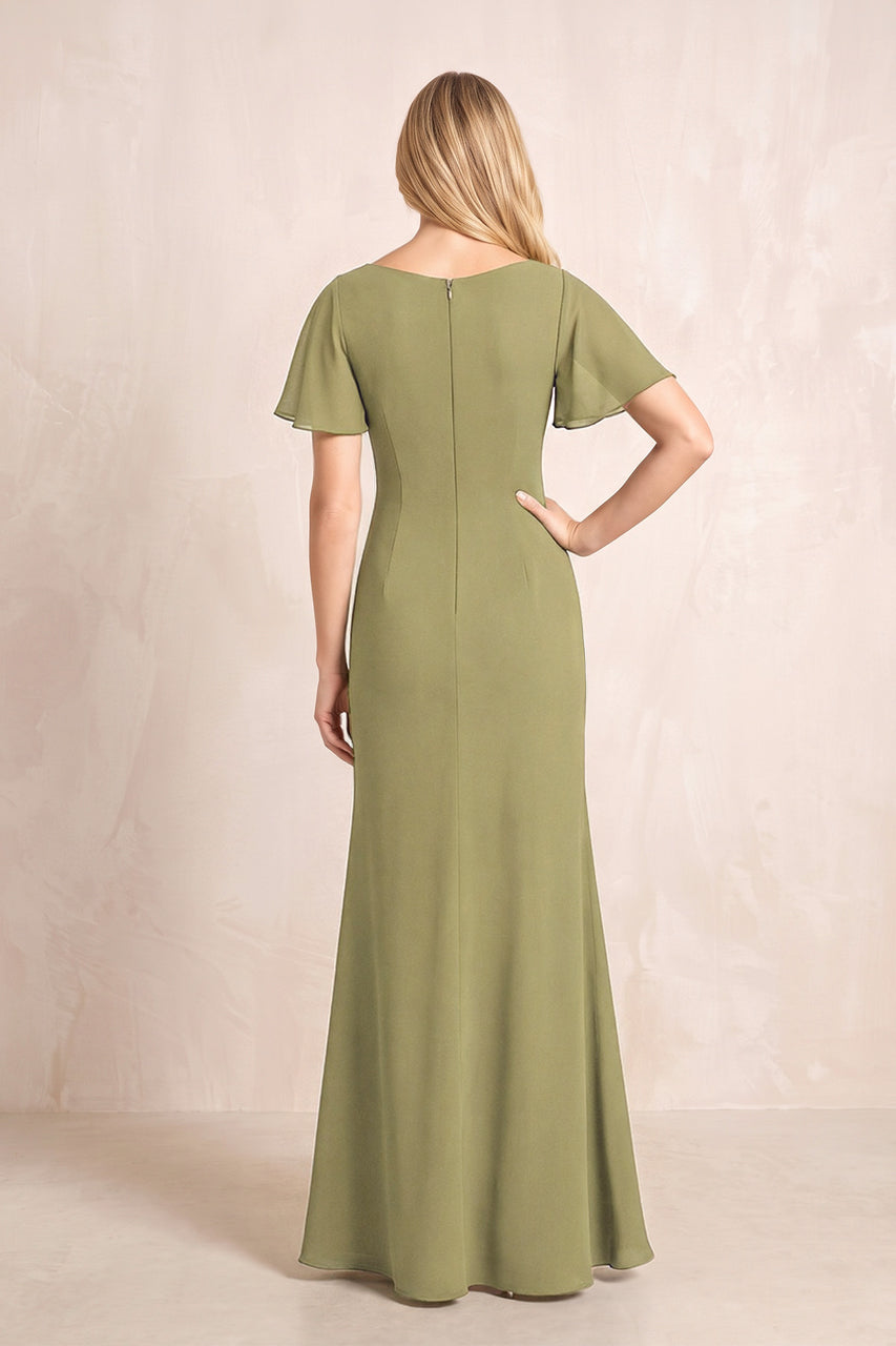 Moss Green V-Neck Sheath Chiffon Ruffled Short Sleeves Mother of the Bride Dress with Slit