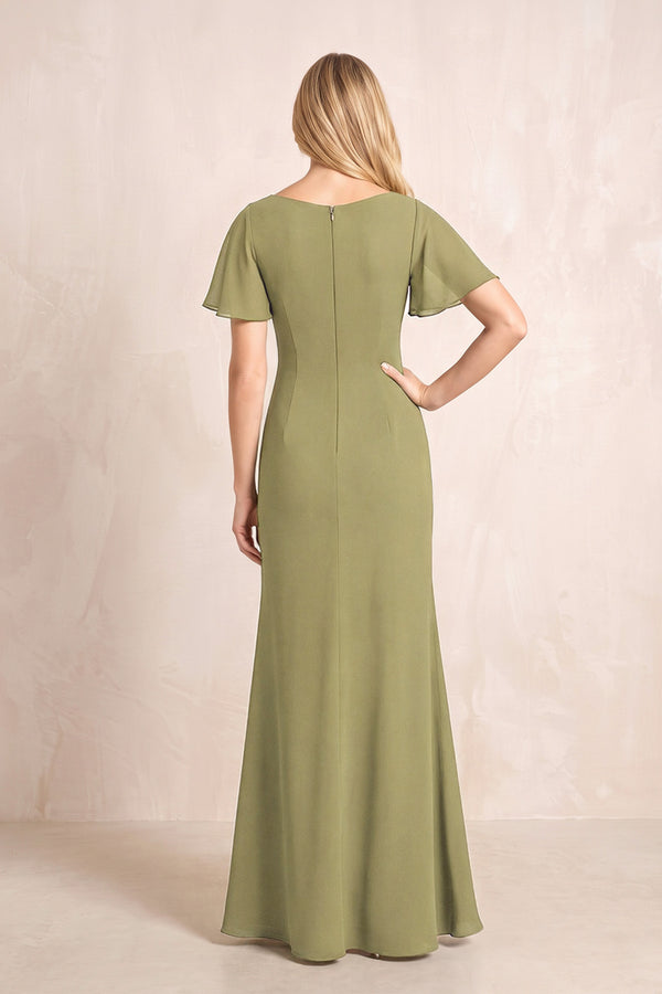 Moss Green V-Neck Sheath Chiffon Ruffled Short Sleeves Mother of the Bride Dress with Slit (2) | KISSBRIDAL
