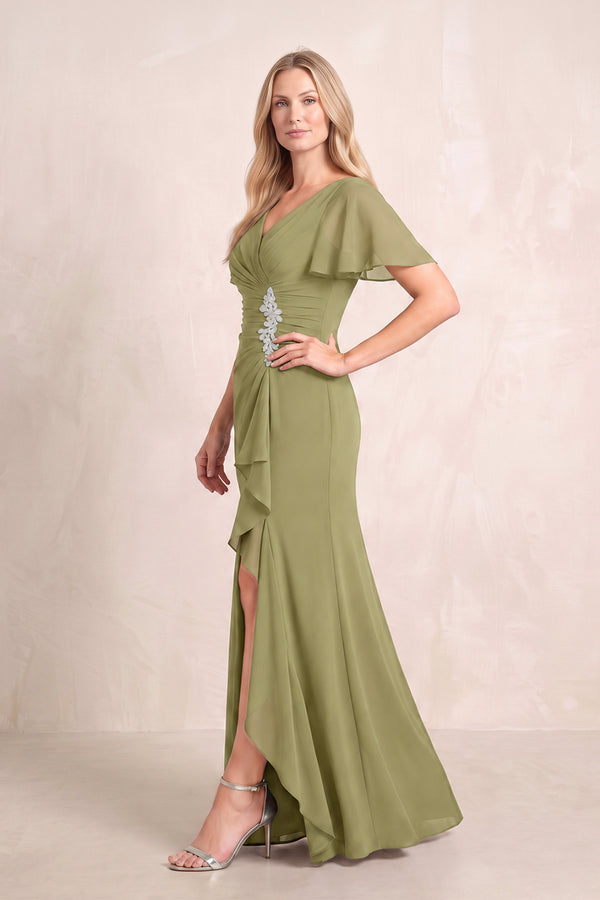 Moss Green V-Neck Sheath Chiffon Ruffled Short Sleeves Mother of the Bride Dress with Slit (3) | KISSBRIDAL