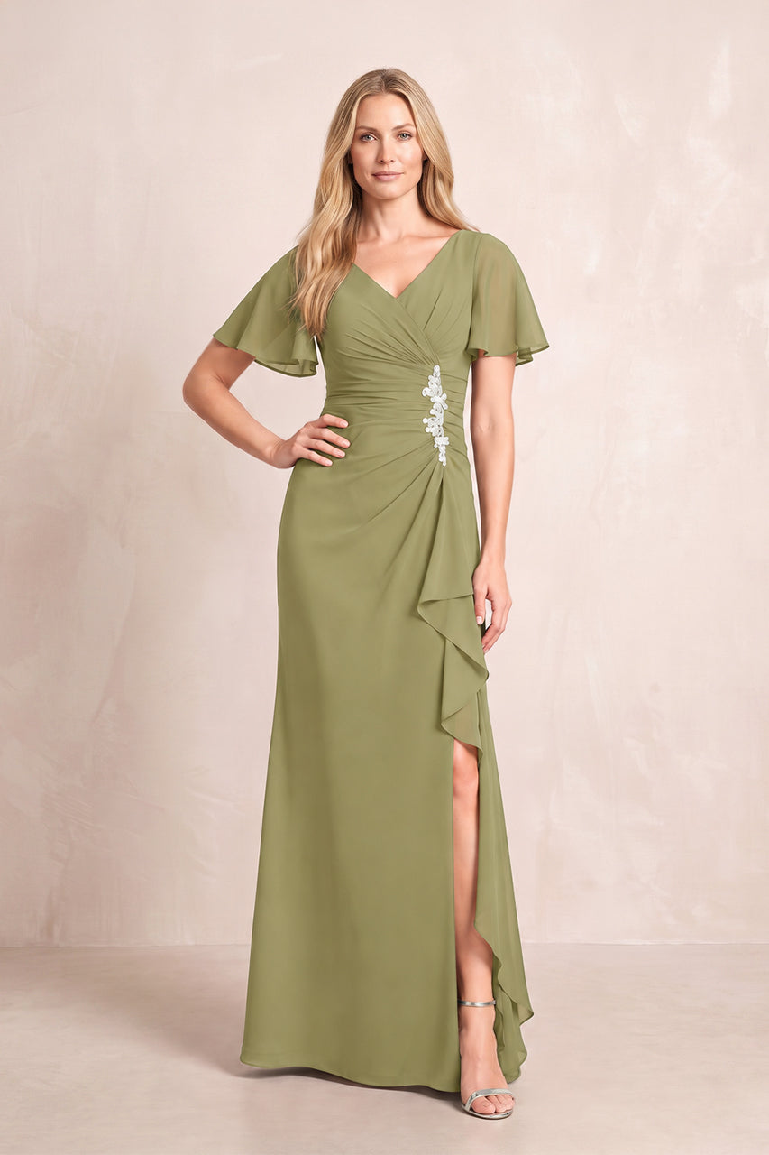 Moss Green V-Neck Sheath Chiffon Ruffled Short Sleeves Mother of the Bride Dress with Slit