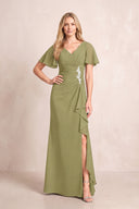 Moss Green V-Neck Sheath Chiffon Ruffled Short Sleeves Mother of the Bride Dress with Slit | KISSBRIDAL