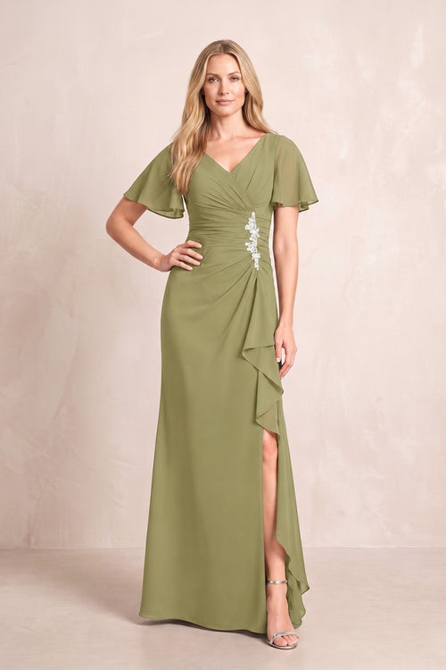 Moss Green V-Neck Sheath Chiffon Ruffled Short Sleeves Mother of the Bride Dress with Slit | KISSBRIDAL