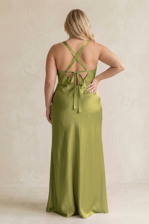 Moss Green V-Neck Sheath Satin Bridesmaid Dress With Slit (2) | KISSBRIDAL