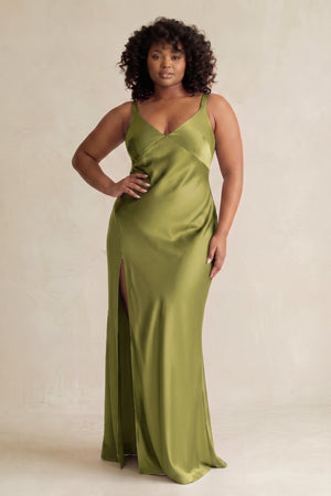 Moss Green V-Neck Sheath Satin Bridesmaid Dress With Slit (3) | KISSBRIDAL