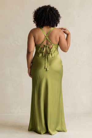 Moss Green V-Neck Sheath Satin Bridesmaid Dress With Slit (4) | KISSBRIDAL