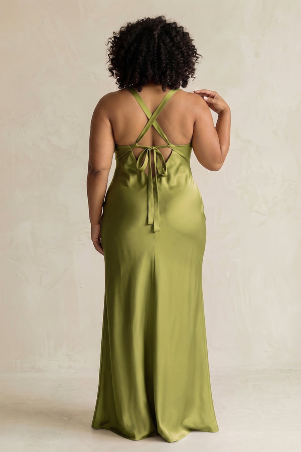 Moss Green V-Neck Sheath Satin Bridesmaid Dress With Slit (4) | KISSBRIDAL