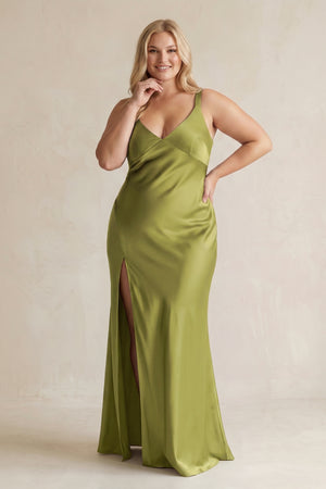 Moss Green V-Neck Sheath Satin Bridesmaid Dress With Slit | KISSBRIDAL