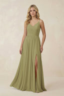 Moss Green V-Neck Spaghetti Strap A-Line Chiffon Bridesmaid Dress | KISSBRIDAL