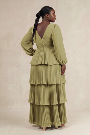 Moss Green V-Neck Tiered A-Line Long Sleeve Bridesmaid Dress (2) [sizeplus] | KISSBRIDAL