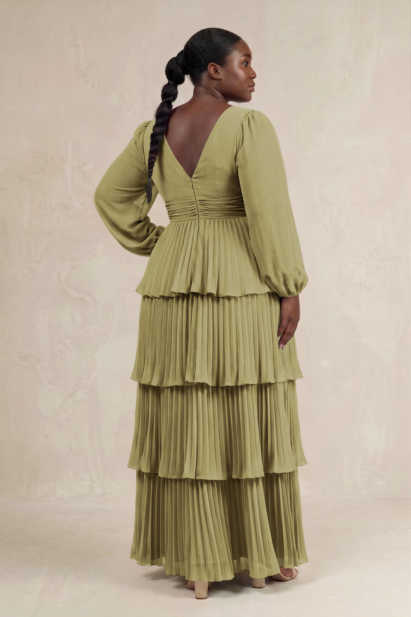 Moss Green V-Neck Tiered A-Line Long Sleeve Bridesmaid Dress (2) [sizeplus] | KISSBRIDAL