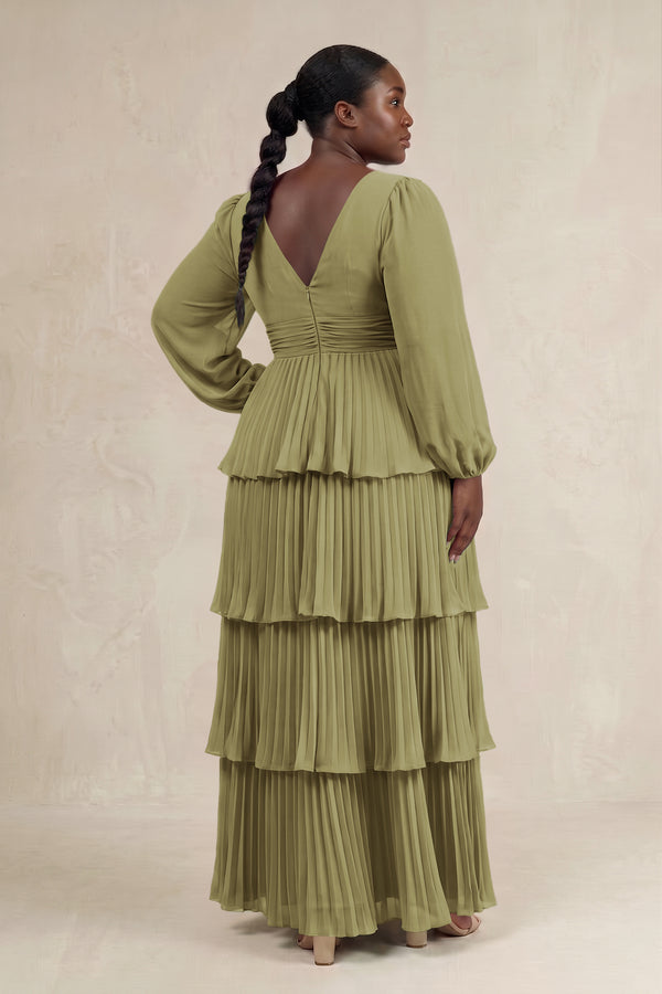 Moss Green V-Neck Tiered A-Line Long Sleeve Bridesmaid Dress (2) [sizeplus] | KISSBRIDAL