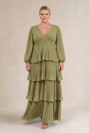 Moss Green V-Neck Tiered A-Line Long Sleeve Bridesmaid Dress (3) [sizeplus] | KISSBRIDAL