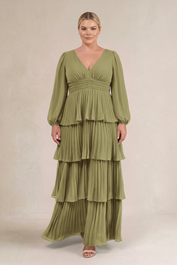Moss Green V-Neck Tiered A-Line Long Sleeve Bridesmaid Dress (3) [sizeplus] | KISSBRIDAL