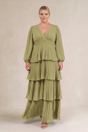 Moss Green V-Neck Tiered A-Line Long Sleeve Bridesmaid Dress (3) [sizeplus] | KISSBRIDAL