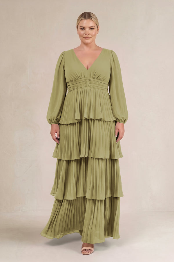 Moss Green V-Neck Tiered A-Line Long Sleeve Bridesmaid Dress (3) [sizeplus] | KISSBRIDAL