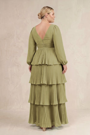 Moss Green V-Neck Tiered A-Line Long Sleeve Bridesmaid Dress (4) [sizeplus] | KISSBRIDAL