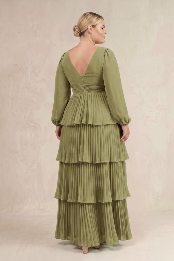 Moss Green V-Neck Tiered A-Line Long Sleeve Bridesmaid Dress (4) [sizeplus] | KISSBRIDAL