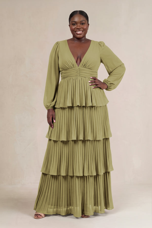 Moss Green V-Neck Tiered A-Line Long Sleeve Bridesmaid Dress [sizeplus] | KISSBRIDAL