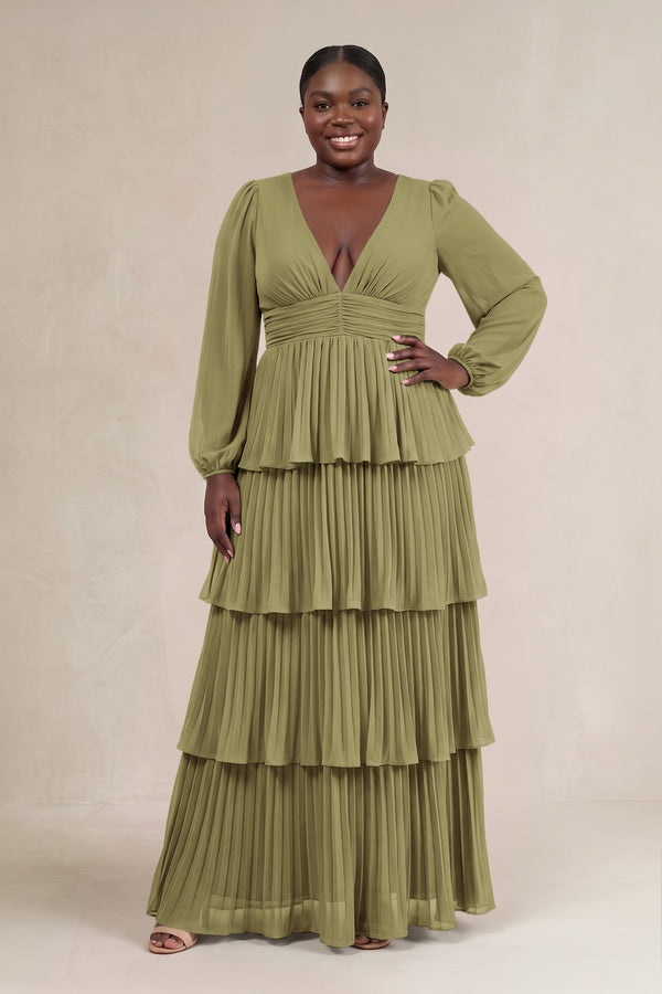 Moss Green V-Neck Tiered A-Line Long Sleeve Bridesmaid Dress [sizeplus] | KISSBRIDAL