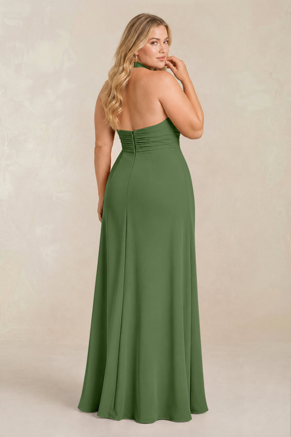 Moss High Neck Chiffon Sheath Ruched Bridesmaid Dress (2) [sizeplus] | KISSBRIDAL