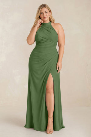 Moss High Neck Chiffon Sheath Ruched Bridesmaid Dress [sizeplus] | KISSBRIDAL