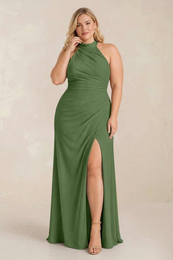 Moss High Neck Chiffon Sheath Ruched Bridesmaid Dress [sizeplus] | KISSBRIDAL