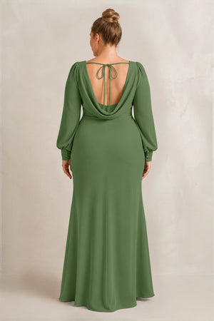 Moss Long Sleeve V-Neck Sheath Chiffon Bridesmaid Dress (2) [sizeplus] | KISSBRIDAL
