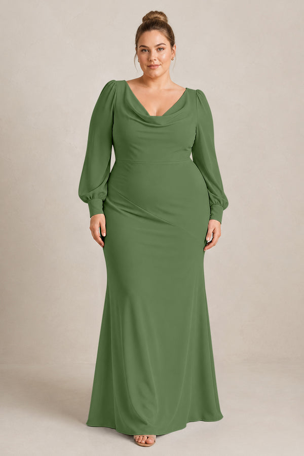 Moss Long Sleeve V-Neck Sheath Chiffon Bridesmaid Dress [sizeplus] | KISSBRIDAL