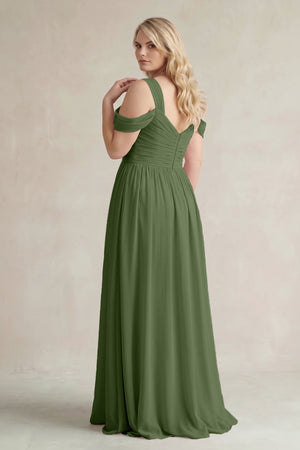 Moss Off-the-Shoulder A-Line Chiffon Bridesmaid Dress With Slit (2) | KISSBRIDAL