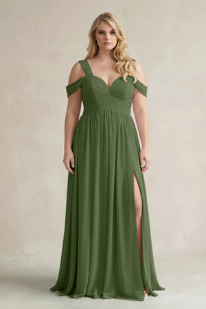 Moss Off-the-Shoulder A-Line Chiffon Bridesmaid Dress With Slit | KISSBRIDAL