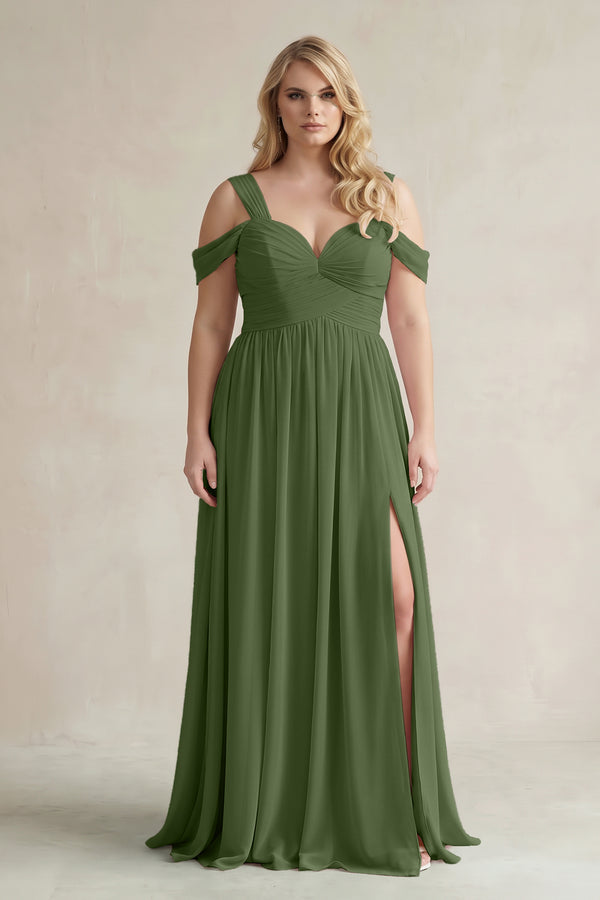Moss Off-the-Shoulder A-Line Chiffon Bridesmaid Dress With Slit | KISSBRIDAL