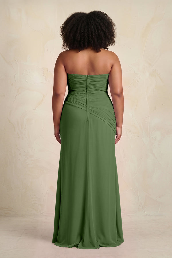 Moss Sheath Chiffon Strapless Pleated Bridesmaid Dress (2) | KISSBRIDAL[sizeplus]