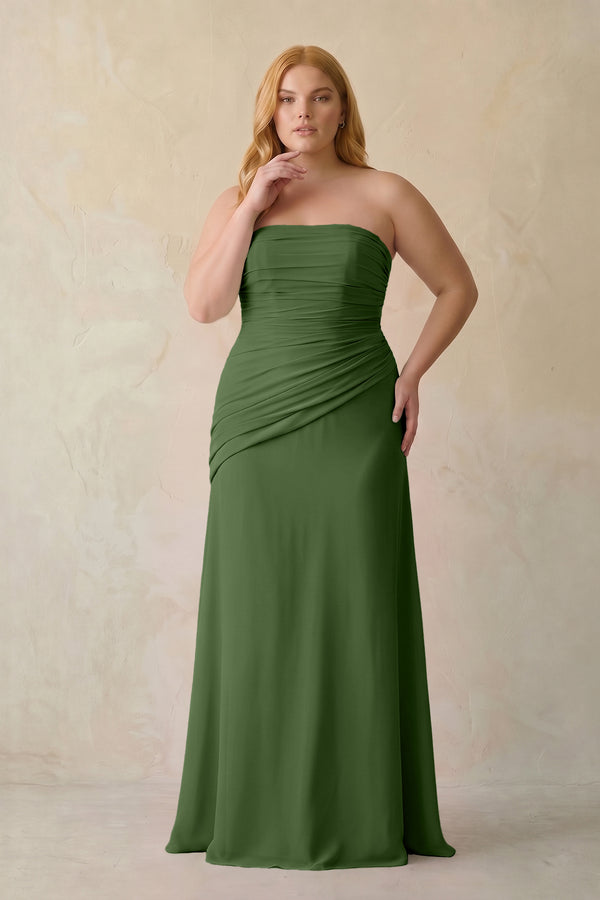 Moss Sheath Chiffon Strapless Pleated Bridesmaid Dress (3) | KISSBRIDAL[sizeplus]