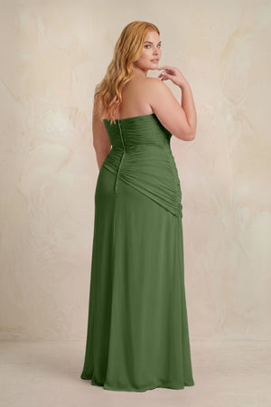 Moss Sheath Chiffon Strapless Pleated Bridesmaid Dress (4) | KISSBRIDAL[sizeplus]