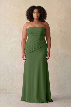 Moss Sheath Chiffon Strapless Pleated Bridesmaid Dress | KISSBRIDAL[sizeplus]