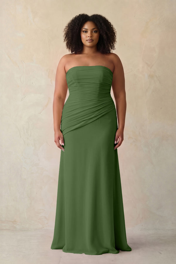 Moss Sheath Chiffon Strapless Pleated Bridesmaid Dress | KISSBRIDAL[sizeplus]