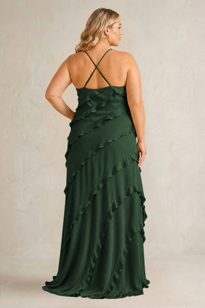 Moss Spaghetti Straps Sheath Stain Ruffled Bridesmaid Dress (2) | KISSBRIDAL[sizeplus]