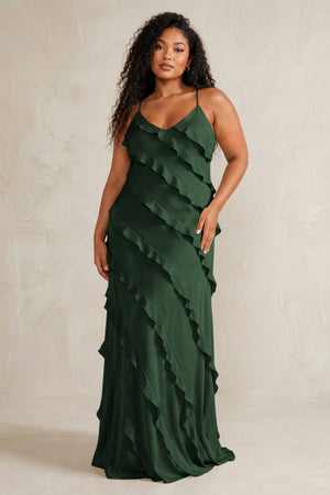 Moss Spaghetti Straps Sheath Stain Ruffled Bridesmaid Dress (3) | KISSBRIDAL[sizeplus]